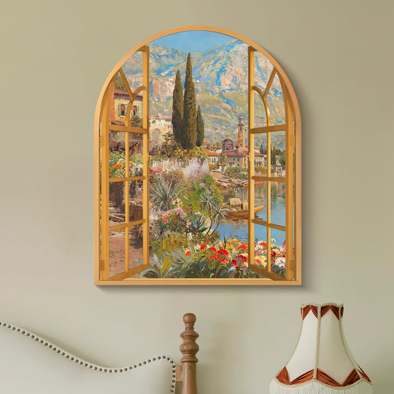 法式轻奢客厅卧室拱形装饰画复古假窗户风景挂画小众壁画墙画