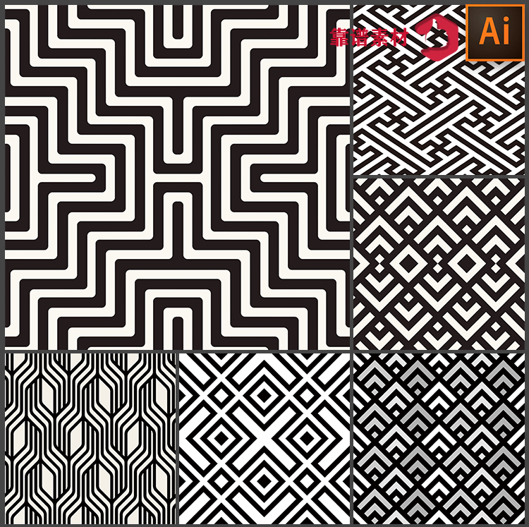 黑白简单线条拼花直线波浪线抽象几何无缝印花图案AI矢量设计素材