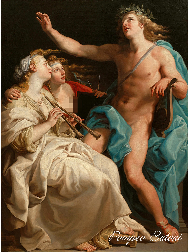 阿波罗和两个缪斯 Pompeo Batoni意大利古典人物油画客厅装饰画芯