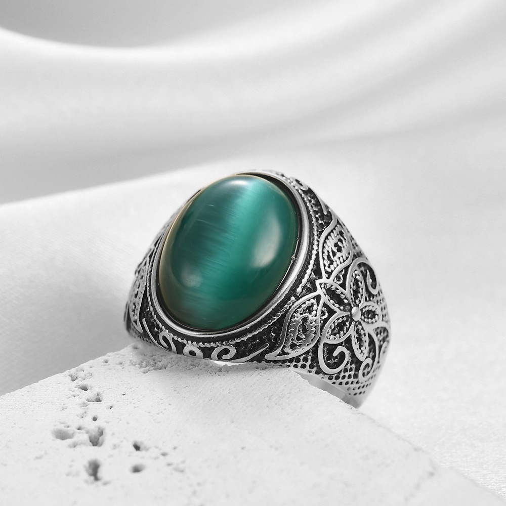 亚马逊新款不锈钢戒指铸造个性时尚复古人造猫眼石不锈钢指环