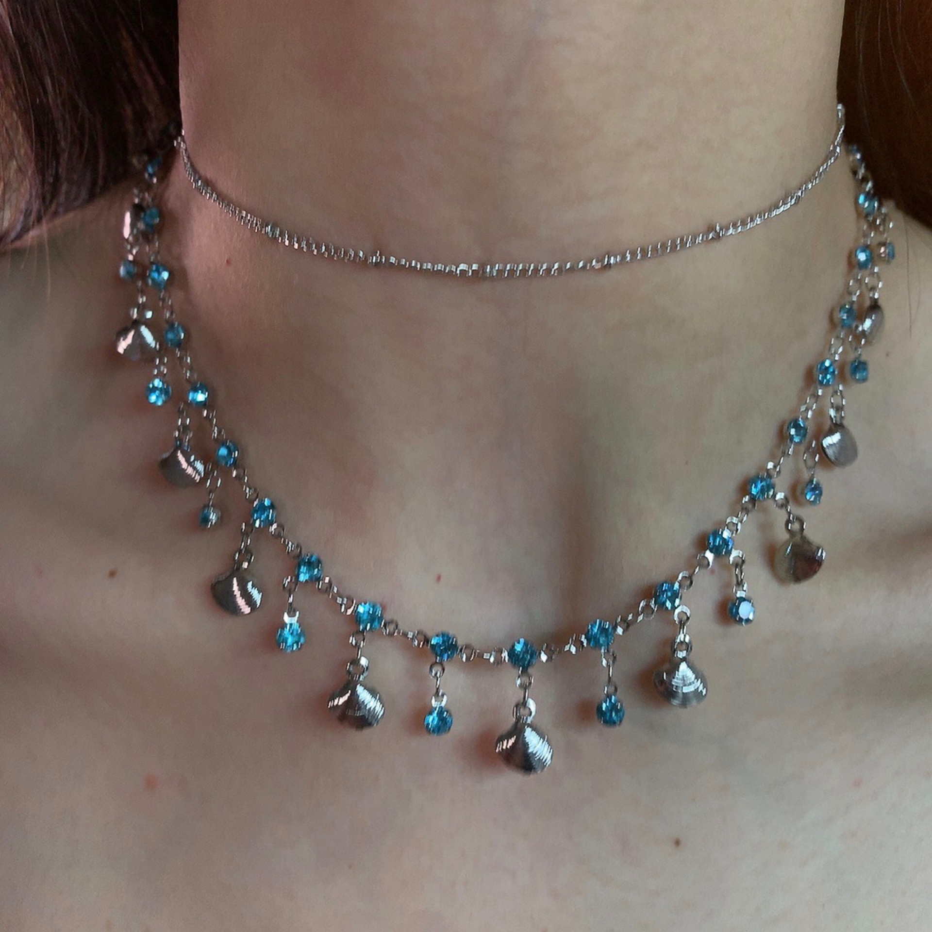 普吉岛的夏天 一条双层蓝色闪钻贝壳项链流苏锁骨链精致高级颈链