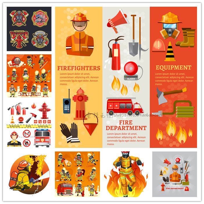 A3991矢量卡通消防员救火消防车logo信息图标插画 AI设计素材