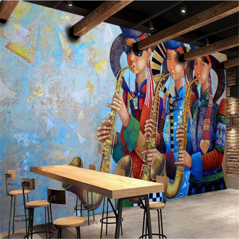 民族特色背景墙壁纸蒙古元素手绘少女艺术壁画3D餐厅酒店装修墙纸
