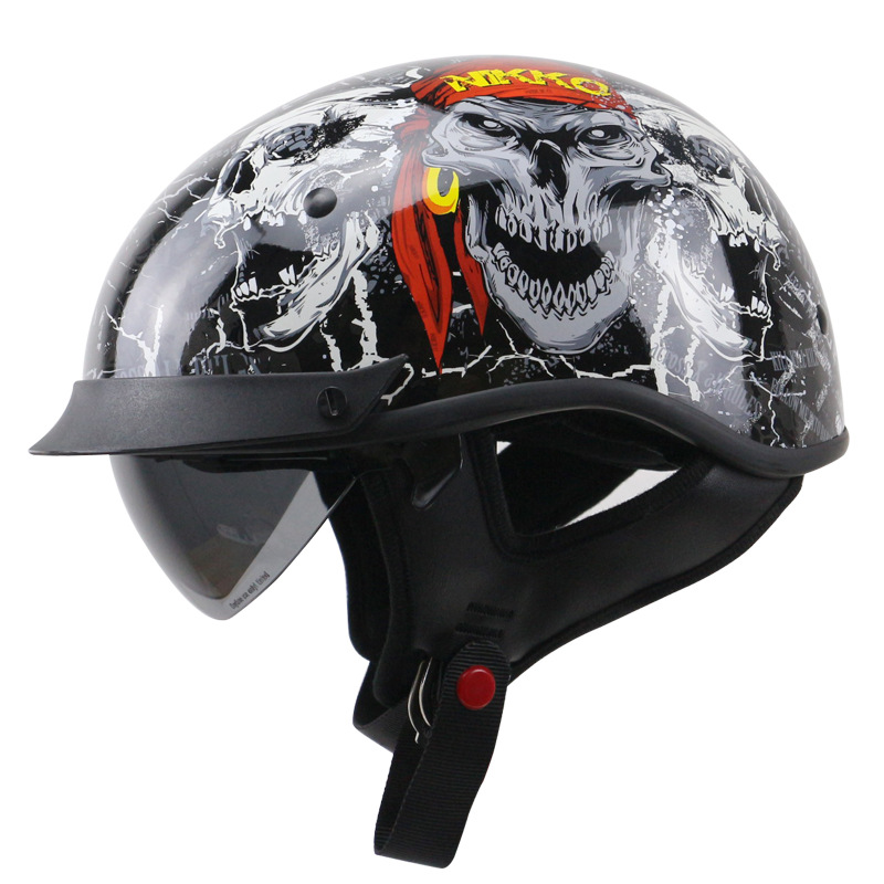 海盗花哈雷头盔DOT认证带内置镜片摩托车复古头盔双D扣