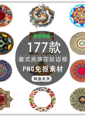 中国风民族圆形复古花纹图案古典藏式民族花纹边框PNG免扣素材