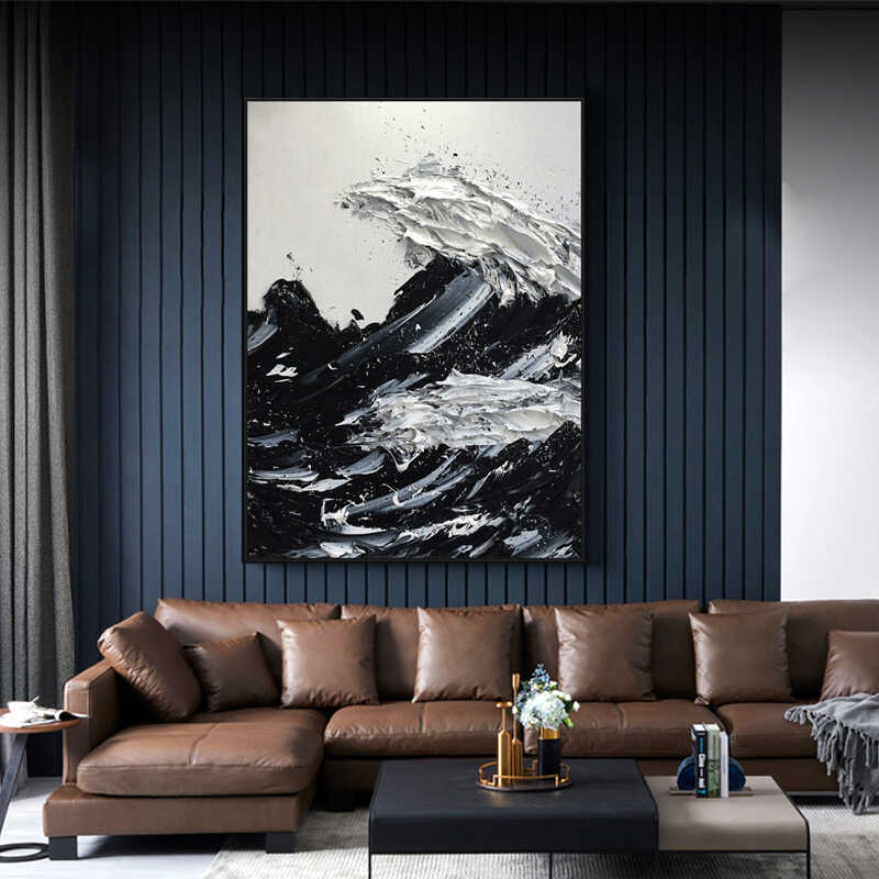 FY.ART手绘油画《海浪》黑白立体玄关客厅背景装饰画抽象挂画