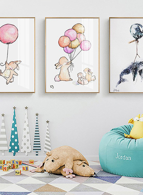 儿童房装饰画粉色芭蕾女孩少女卧室北欧风兔子气球三联画简约挂画