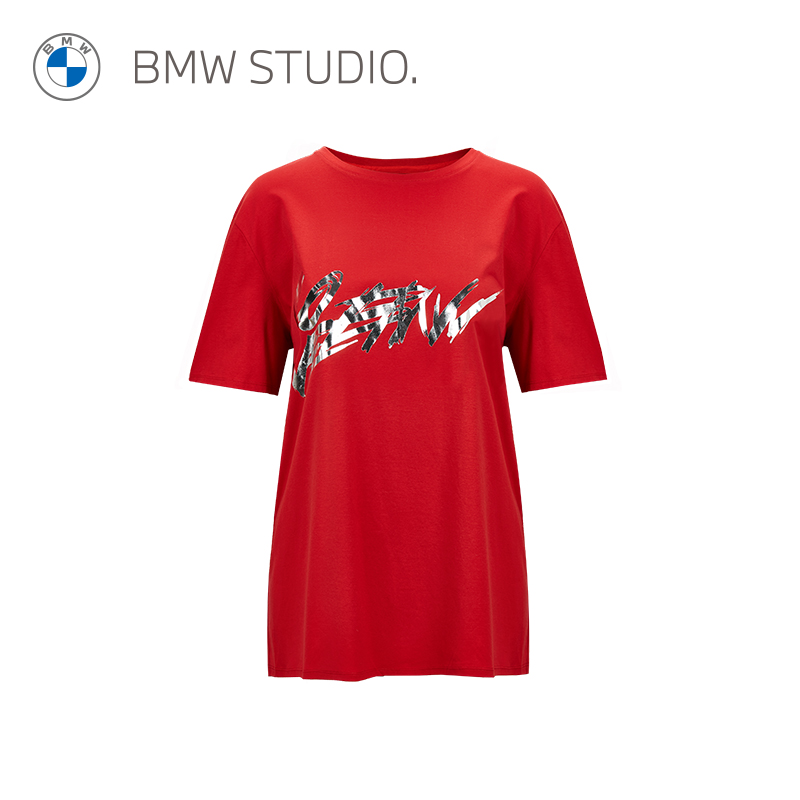BMW Studio宝马女装官方夏季新款红色潮流女士针织短袖圆领上衣