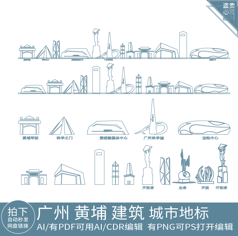 广州黄埔天际线条描稿建筑地标志插画旅游设计景点城市剪影素材