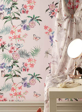 法式现代简约背景墙壁纸田园粉色花鸟卧室床装饰壁画喷绘无缝墙布