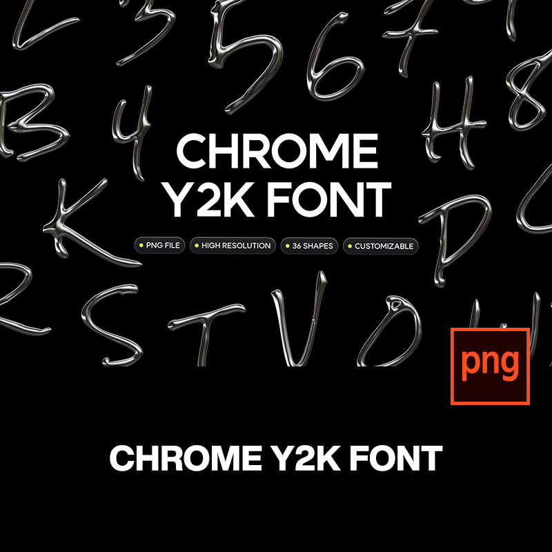 36款潮流艺术未来科幻3D金属镀铬Y2K英文字母数字png免抠图片素材