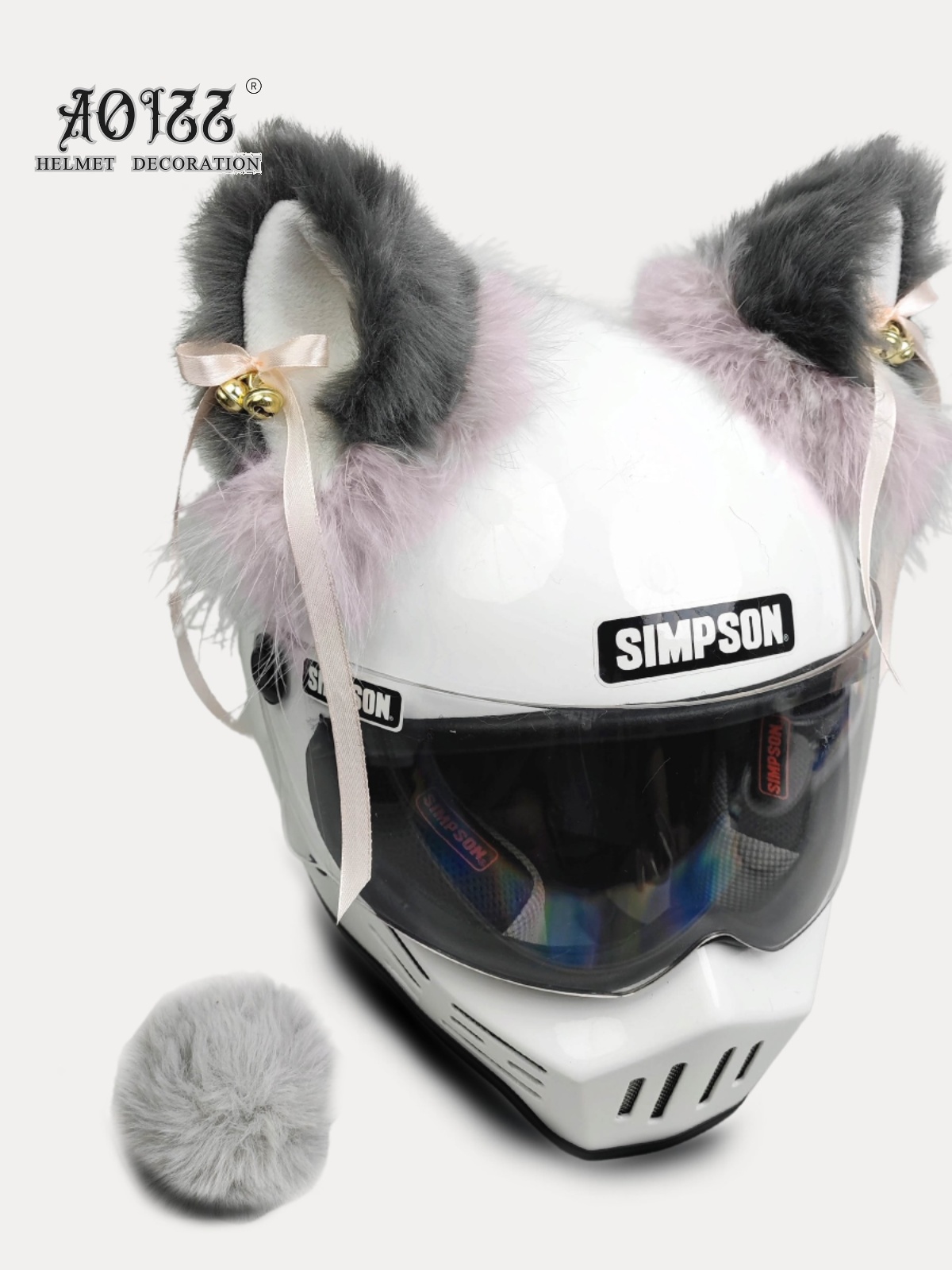 高级豆沙灰铃铛飘带头盔毛绒猫耳朵装饰可拆卸机车滑雪冰球摩托