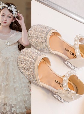 2023年夏季新款女童皮鞋小高跟包头半凉鞋韩版公主鞋水晶演出礼服