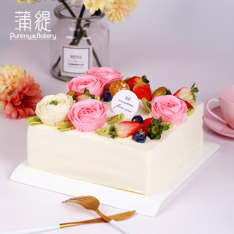 蒲缇烘焙沈阳三环同城配送8英寸韩式裱花动物奶油生日蛋糕