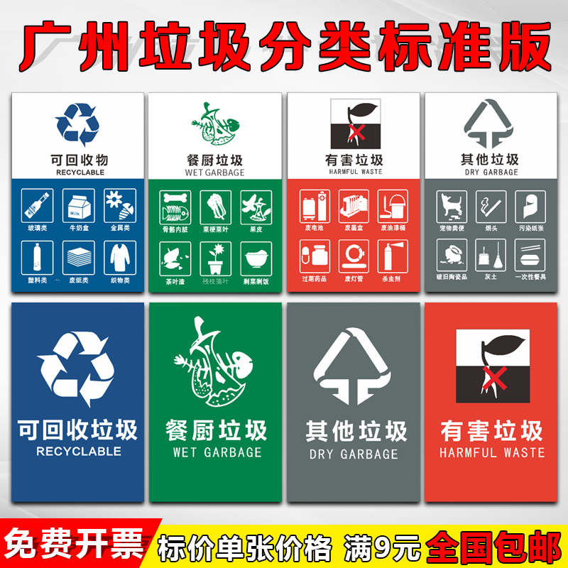 垃圾分类标识贴纸广州深圳垃圾桶标语干湿可回收不可回收有害标识