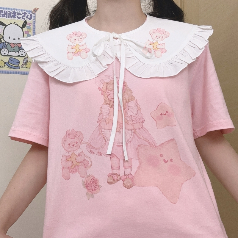 原创粉色纯棉T恤印花甜美少女二次元日系可爱学生正肩上衣短袖夏