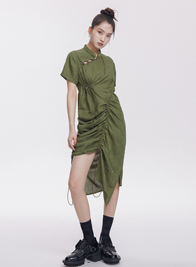 国风连衣裙女原创2024夏季新款时尚绿色抽绳中式改良旗袍连身裙