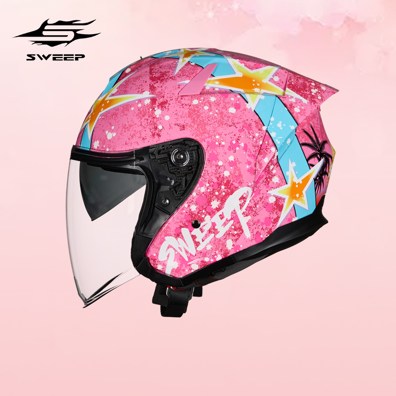 SWEEP摩托车头盔碳纤维半盔女个性双镜片四分之三盔男四季通用