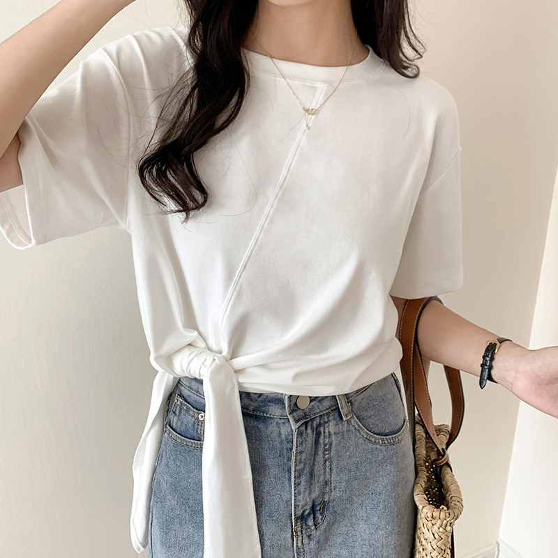 白色t恤女设计感小众2021年夏季新款韩版宽松棉质女t桖短袖