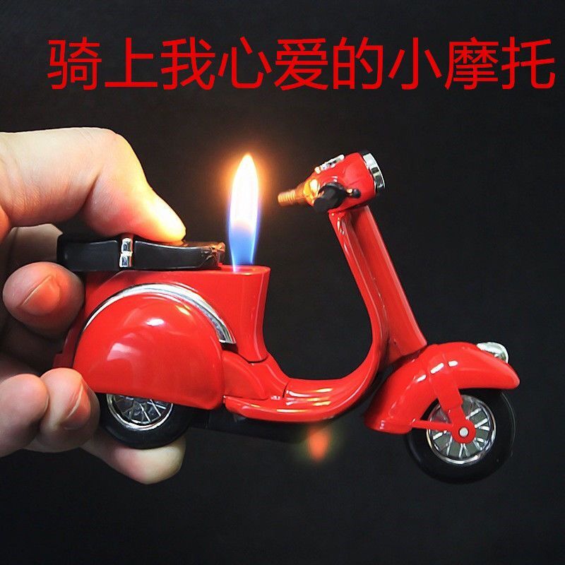 个性充气打火机创意红色款三轮金属摩托车模型台式桌面电子点烟器