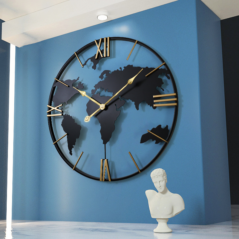 世界地图钟表装饰挂墙铁艺挂钟北欧现代静音装饰挂表高档大气时钟
