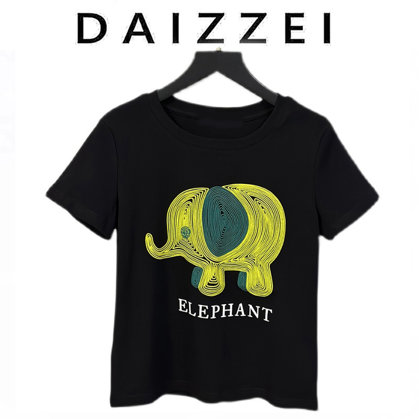 DAIZZEI~2023夏季新款小众设计感立体小象图案正肩短袖T恤女上衣