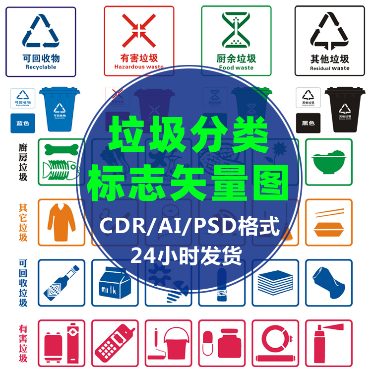 垃圾分类图标矢量元素可回收厨余有害其他垃圾标识CDR AI PSD素材