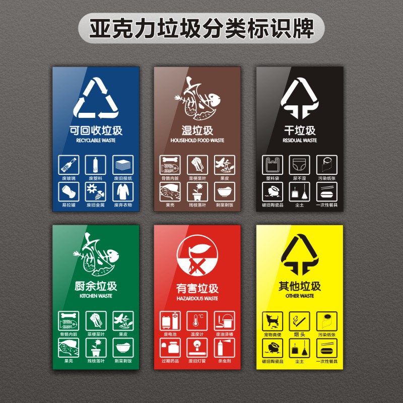 亚克力垃圾桶分类标志牌厨余有害干湿可回收其他垃圾箱标签牌贴纸