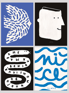 现代简约丹麦设计艺术海报飞鸟抽象黑白人物装饰背胶油画布画芯