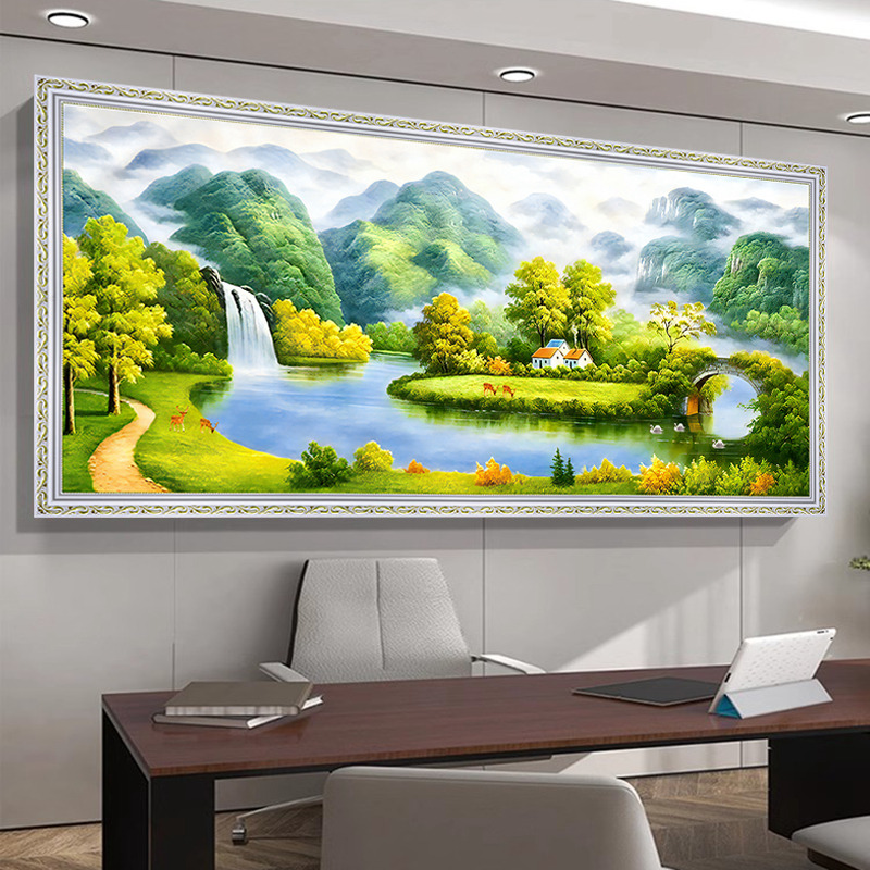 新款客厅装饰画沙发背景墙聚宝盆旺财山水画布料欧式风景油画画芯