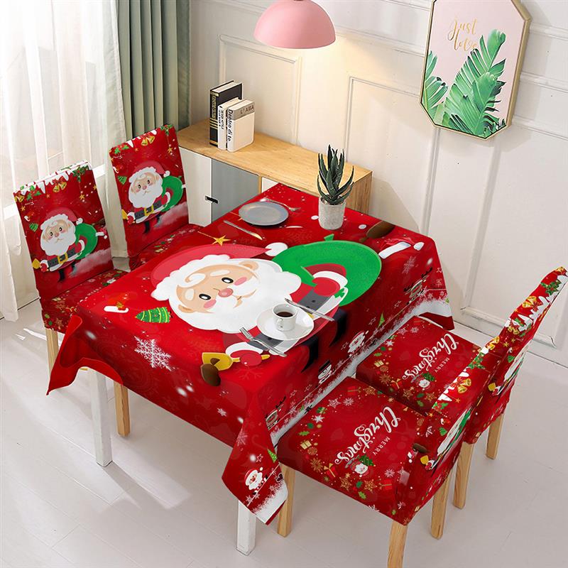 圣诞桌布装饰用品弹力连体椅套罩家用吸水桌布可图案蓝色底耶诞老