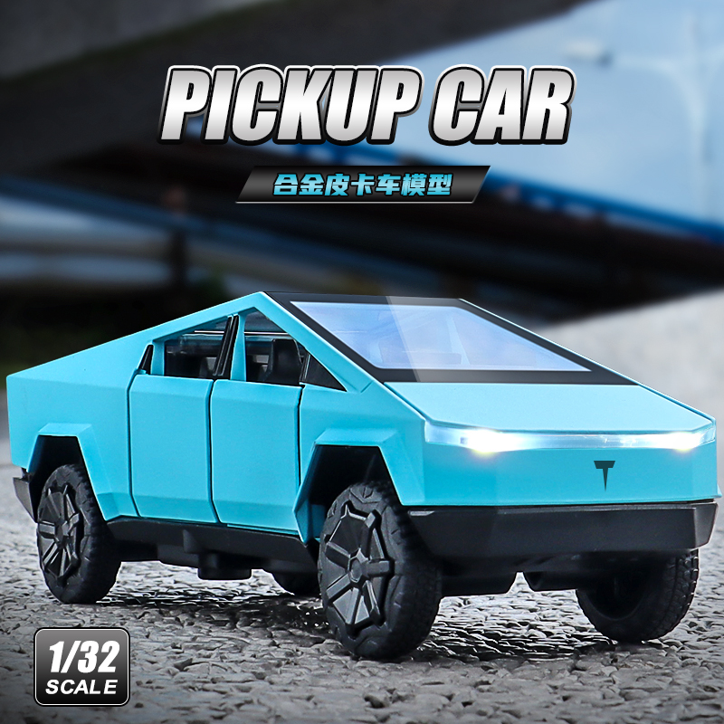 微缩特斯拉新能源越野皮卡车模型1:32金属带底座摆件男孩子玩具车