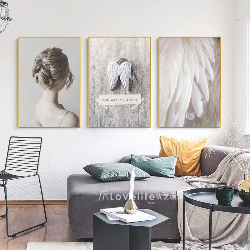 优艺生活 羽毛人物北欧现代客厅装饰画沙发背景组合油画艺术抽象