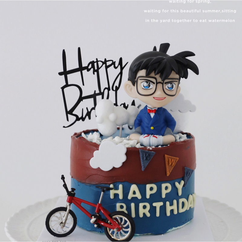 漫画名侦探眼镜男孩生日蛋糕装饰摆件摇头男生塑料自行车烘焙配件