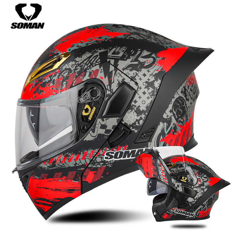 新3C SOMAN摩托车全盔防紫外线双镜揭面盔防雾全盔电动车机车