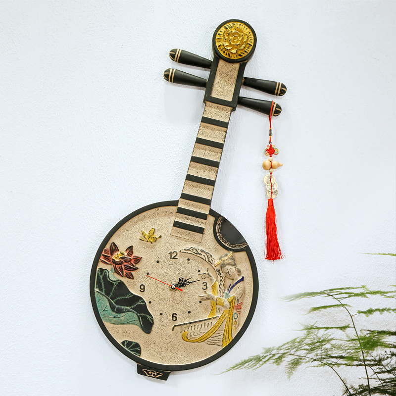 中式琵琶挂钟静音时钟浮雕壁画艺术钟表创意功能挂件酒店简约壁钟