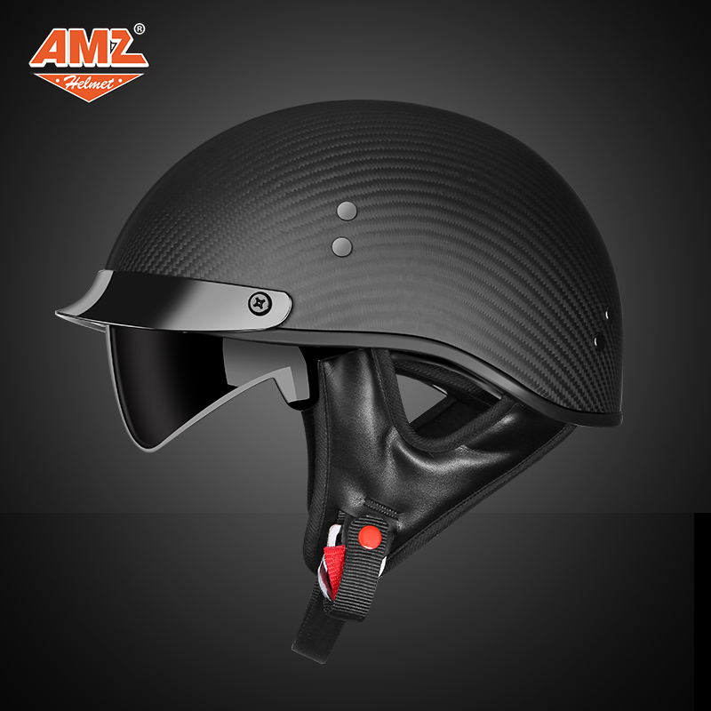 AMZ摩托车复古头盔碳纤维男女哈雷半覆式机车夏季瓢盔轻便式半盔