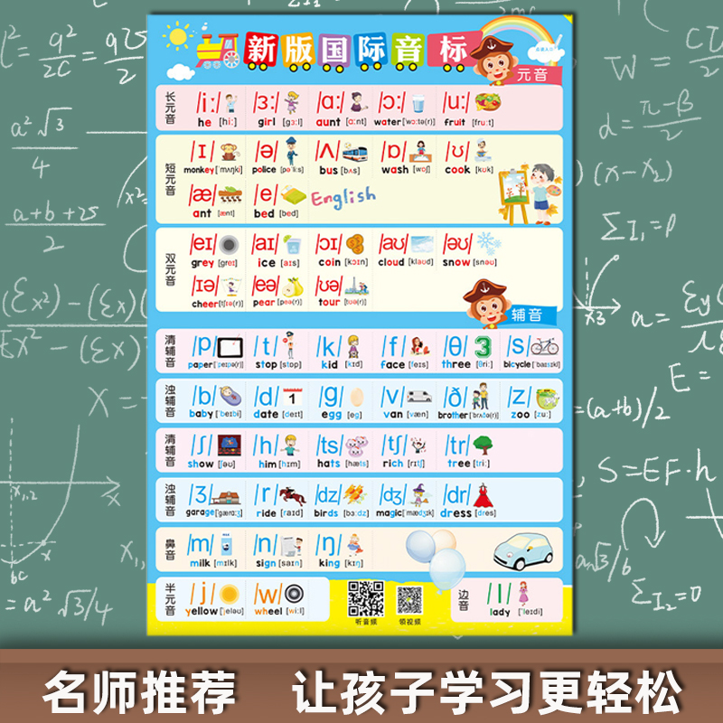 小学生国际英语音标表挂图48个音素基础学习墙贴画一年级5-6-7岁