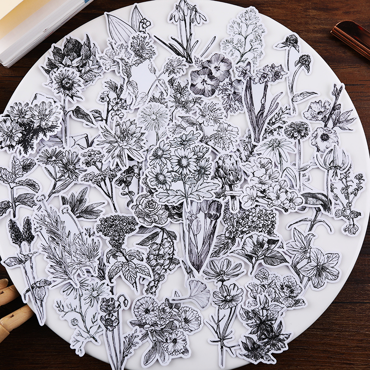 手账可爱自粘贴纸包 手帐本贴纸装饰 手机创意植物素材 素描花卉