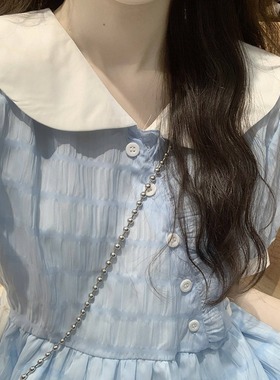 茶歇法式蓝色连衣裙女夏娃娃领气质收腰甜美仙女温柔风初恋长裙子