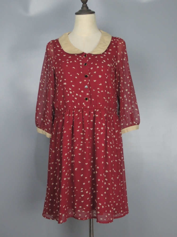 Vintage 古着正品momo 80年代暗红色波点淑女雪纺长袖连衣裙