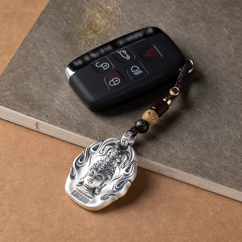 纯银生肖本命佛汽车钥匙扣挂件男女个性创意高档钥匙圈白银车挂银