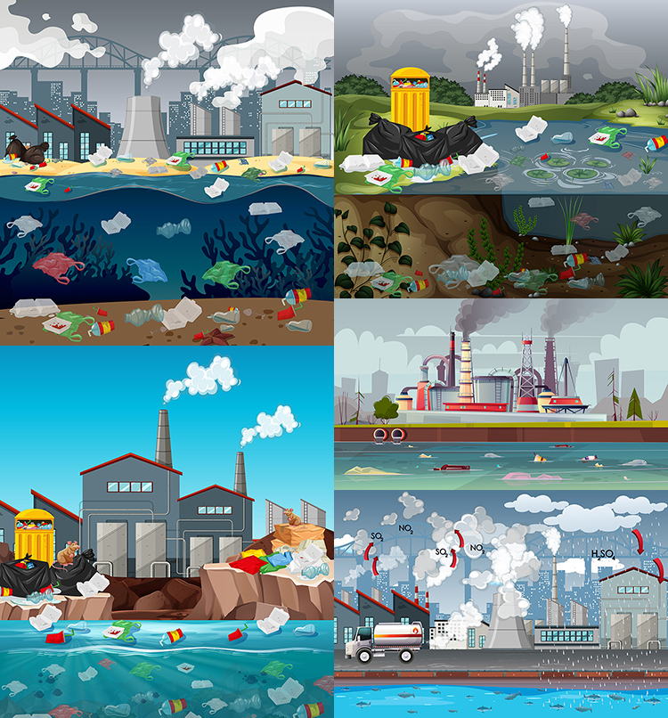 水污染插画 化工厂污水排放海洋垃圾空气污染 AI格式矢量设计素材