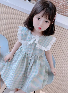 2024夏季新款韩版女童格子裙夏装宝宝公主裙洋气连衣裙大领子