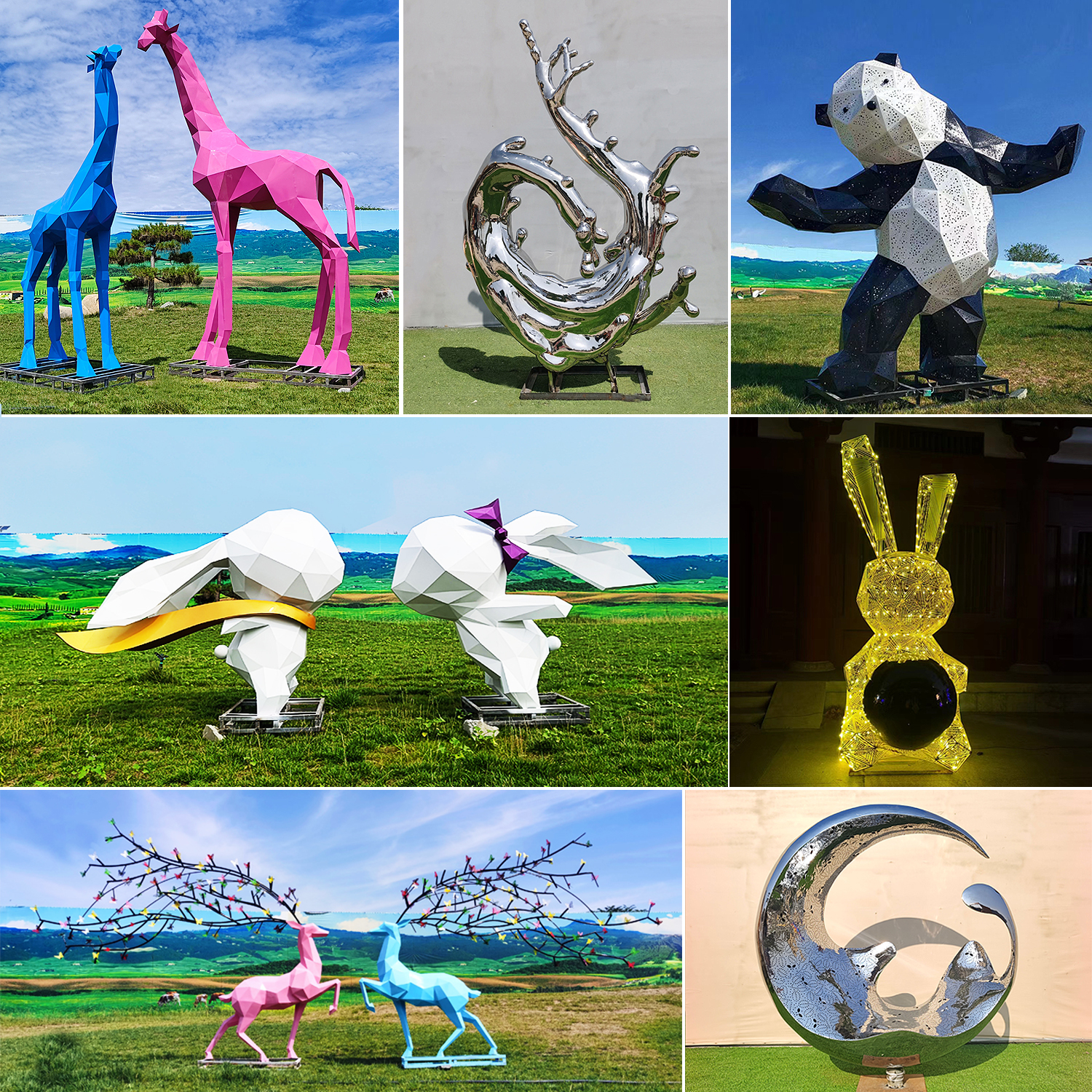 大型不锈钢几何动物切面网红熊兔子长颈鹿云朵大象圆环雕塑定制