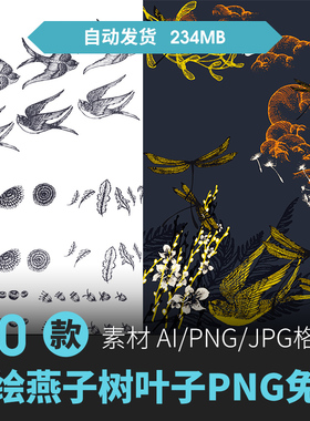 精美手绘复古植物花卉叶子鸟插画线白描条围巾图案AI矢量设计素材