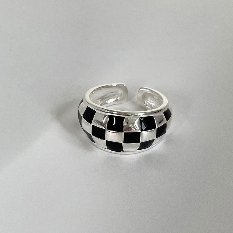 韩国黑白棋盘格戒指ring女时尚年新潮设计感ins个性酷食指戒