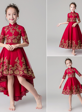 中国风花童礼服红色公主裙女童生日中式六一儿童主持人钢琴演出服