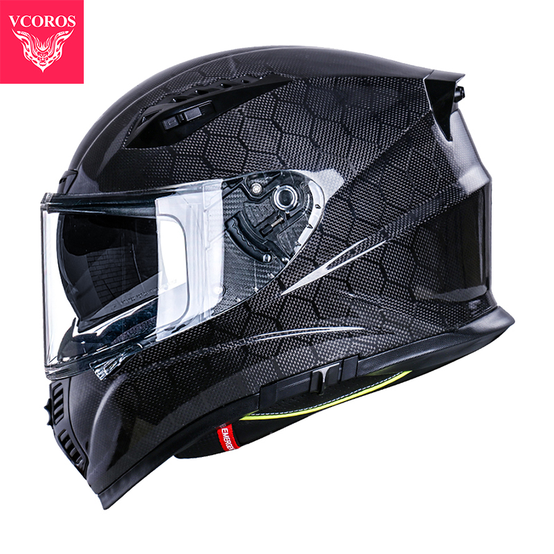 高档VCOROS碳纤维头盔摩托车男女大尾翼双镜片大码机车全盔酷四季