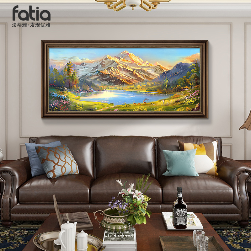 聚宝盆山水画靠山图客厅装饰画美式沙发背景墙挂画纯手绘风景油画